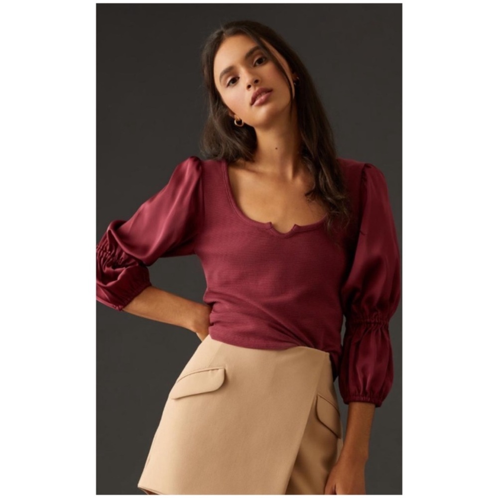 New Anthropologie Maeve Ribbed Tiered Sleeve Top burgundy blouse Anthro XS